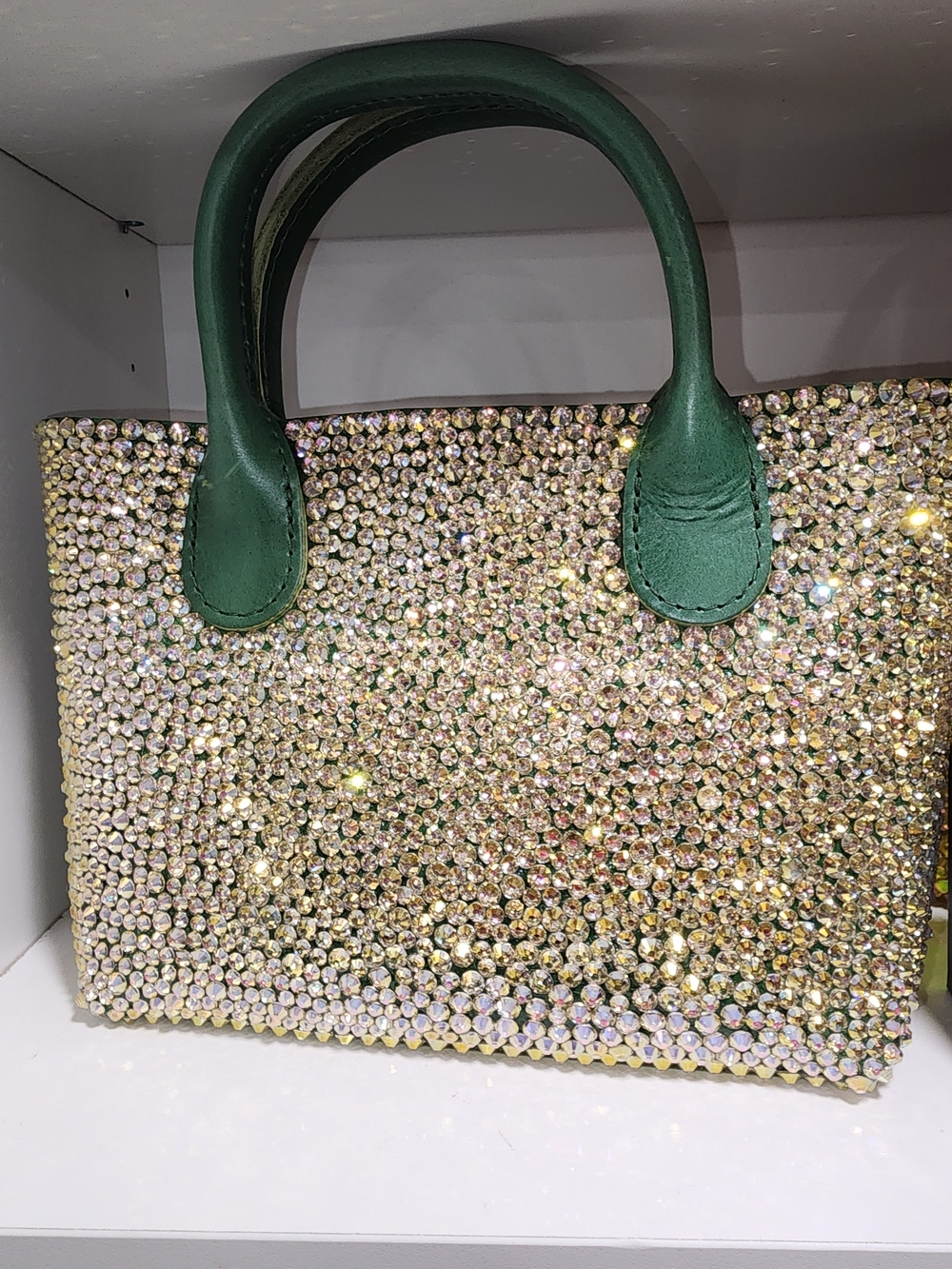 Custom Portland Leather Crystal Satchel with Gold Glass Crystals Green Handles